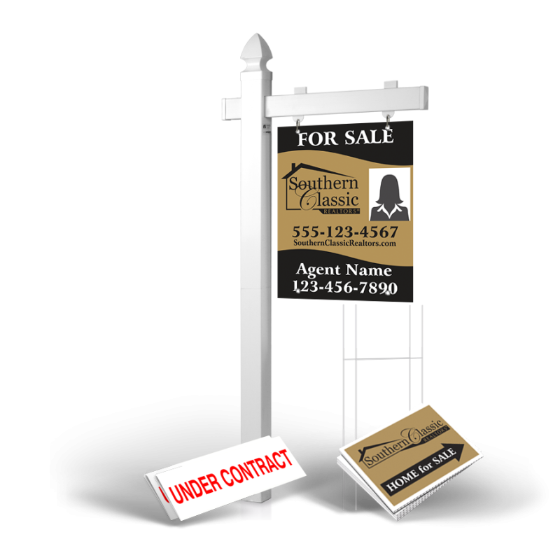 Homerun Pkg:6'Easy Arm Post,24"x30"Styrene Panel,4Coroplast Directionals,4Step Stake Stands for Southern Classic Realty