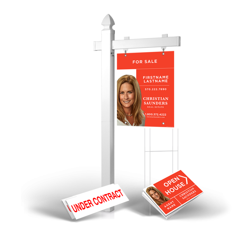 "Homerun Package: 6' Arm Post, 24x30 Styrene Panel, 4 Coroplast Signs, 4 Stands, 2 Clip-Ons for Christian Saunders Real Estate"