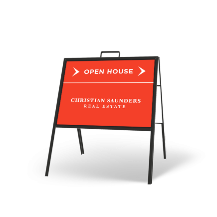 24" X 18" FOLDING "A" FRAME W/ TWO 24"X18" STYRENE CUSTOM PRINTED INSERTS FOR CHRISTIAN SAUNDERS REAL ESTATE