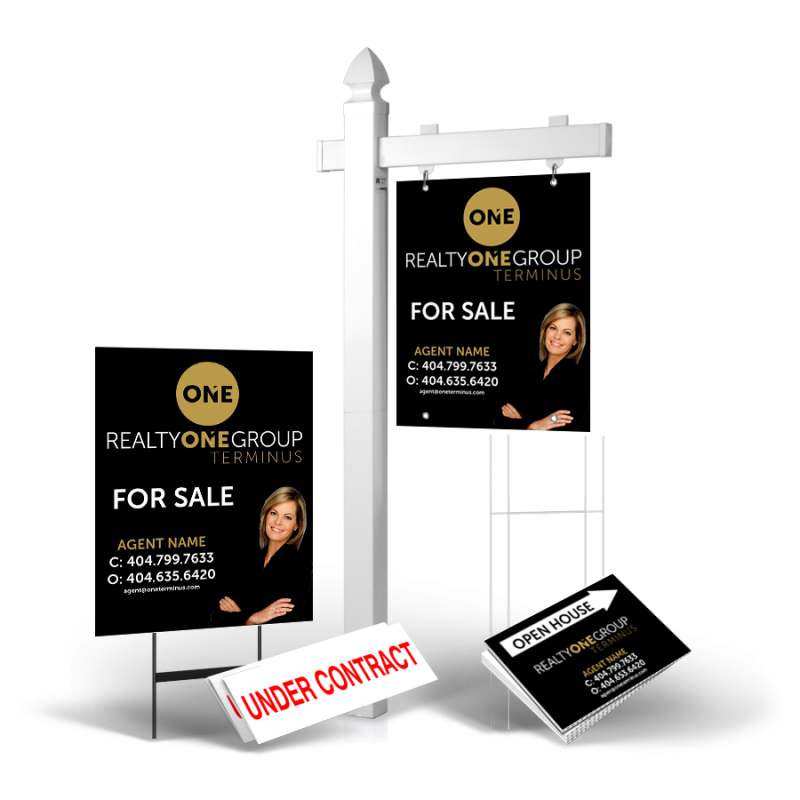 Grand Slam Package REALTY ONE TERMINUS: 6' Post, Two-Sided 24"x30" Panels, Directionals, Stakes, Clip-Ons Grand Slam Package REALTY ONE TERMINUS: 6' Post, Two-Sided 24"x30" Panels, Directionals, Stakes, Clip-Ons