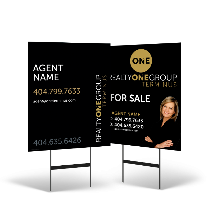 24"x30" Two-Sided Styrene Yard Sign: Standard & Reflective on Black Stand for REALTY ONE TERMINUS