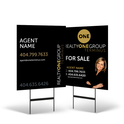 24"x30" Two-Sided Styrene Yard Sign: Standard & Reflective on Black Stand for REALTY ONE TERMINUS