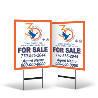 24"X30" REFLECTIVE STYRENE YARD SIGN TWO SIDED MOUNTED ON BLACK POWDER COATED STAND FOR DRAKE REALTY