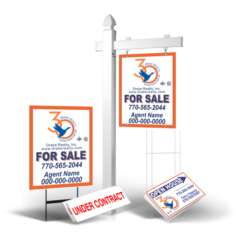 Grand Slam Package DRAKE REALTY: 6' Post, Two-Sided 24"x30" Panels, Directionals, Stakes, Clip-Ons