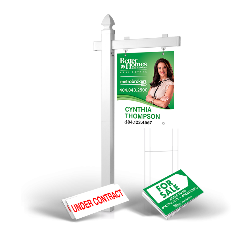 Homerun Pkg:6'Easy Arm Post,24"x30"Styrene Panel,4Coroplast Directionals,4Step Stake Stands for Metro Brokers