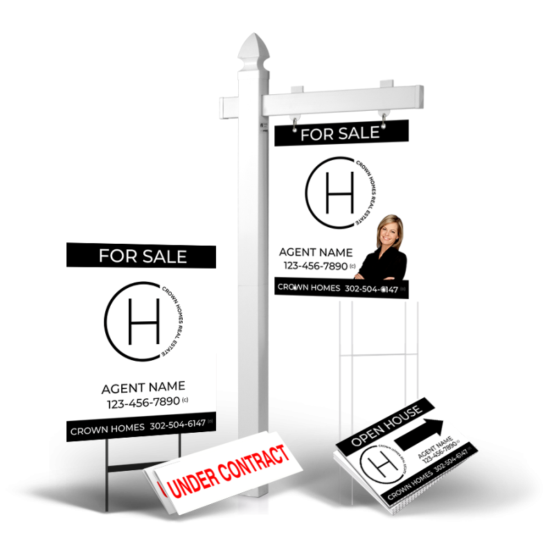 Grand Slam Package Crown Realty: 6' Post, Two-Sided 24"x30" Panels, Directionals, Stakes, Clip-Ons