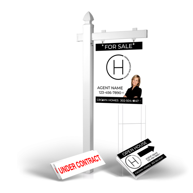 Homerun Pkg:6'Easy Arm Post,24"x30"Styrene Panel,4Coroplast Directionals,4Step Stake Stands for Crown Realty