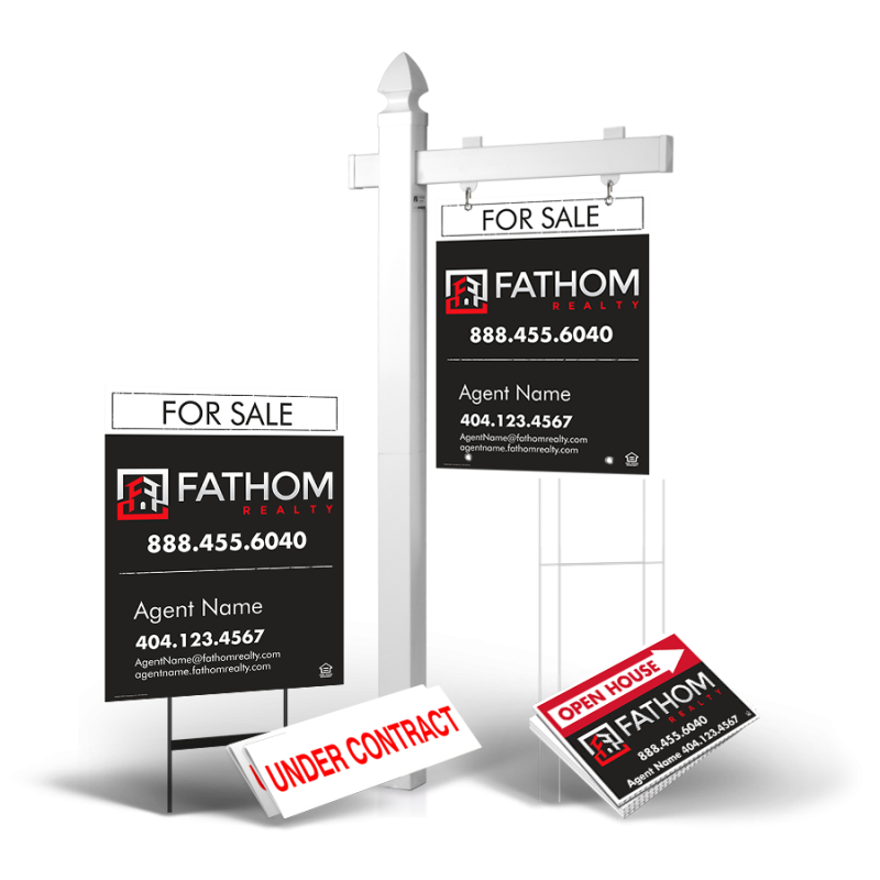 Grand Slam Package Fathom Realty: 6' Post, Two-Sided 24"x30" Panels, Directionals, Stakes, Clip-Ons Grand Slam Package Fathom Realty: 6' Post, Two-Sided 24"x30" Panels, Directionals, Stakes, Clip-Ons