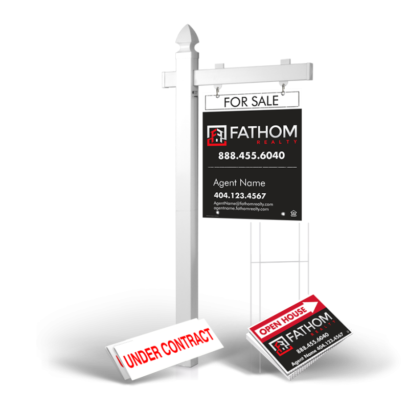 Homerun Pkg:6'Easy Arm Post,24"x30"Styrene Panel,4Coroplast Directionals,4Step Stake Stands for Fathom Realty