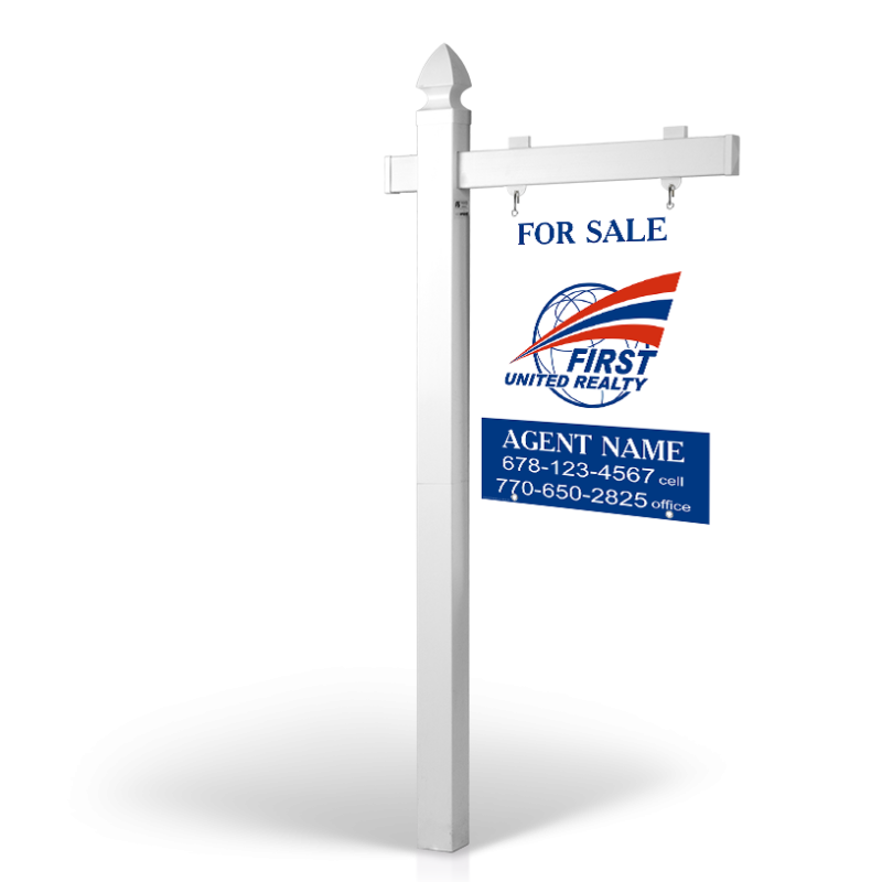 6' Easy Arm Post with 24"x30" Two-Sided Hanging Panels: Styrene, Aluminum, & Reflective Options for First United Realty