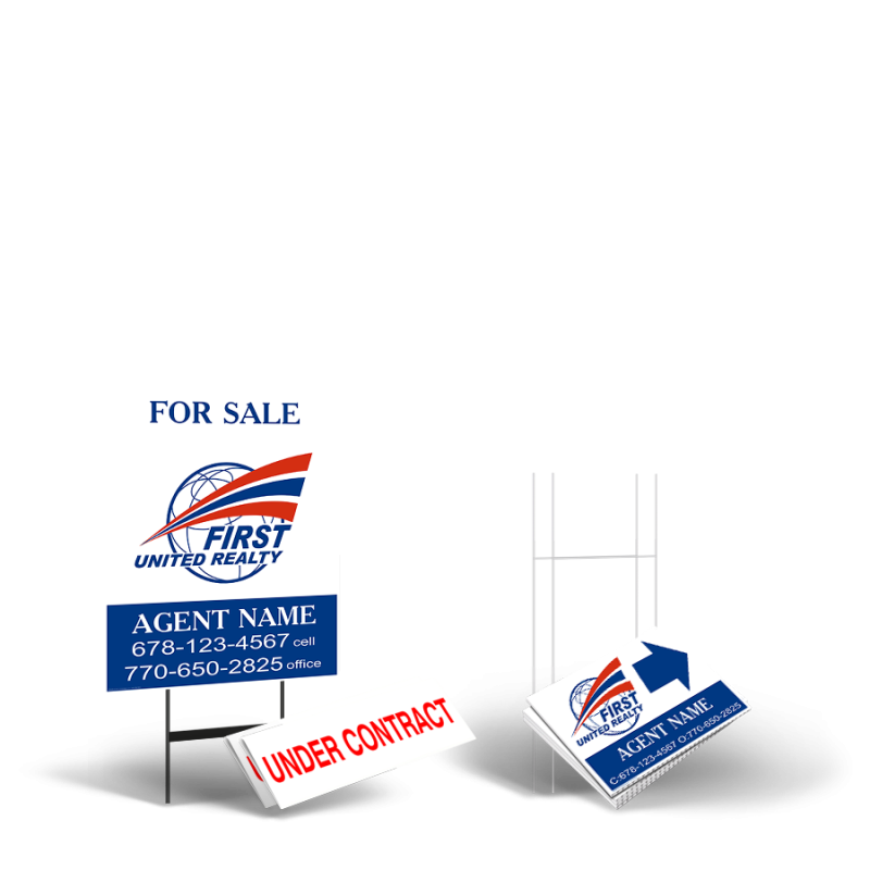 First United Realty Estate Starter Package: 24x30 Yard Sign, Directionals, Stands, Clip-Ons First United Realty Estate Starter Package: 24x30 Yard Sign, Directionals, Stands, Clip-Ons