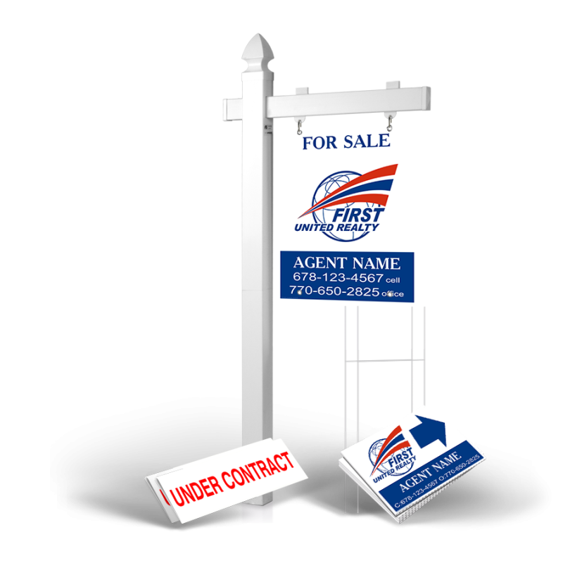 Homerun Pkg:6'Easy Arm Post,24"x30"Styrene Panel,4Coroplast Directionals,4Step Stake Stands for First United Realty