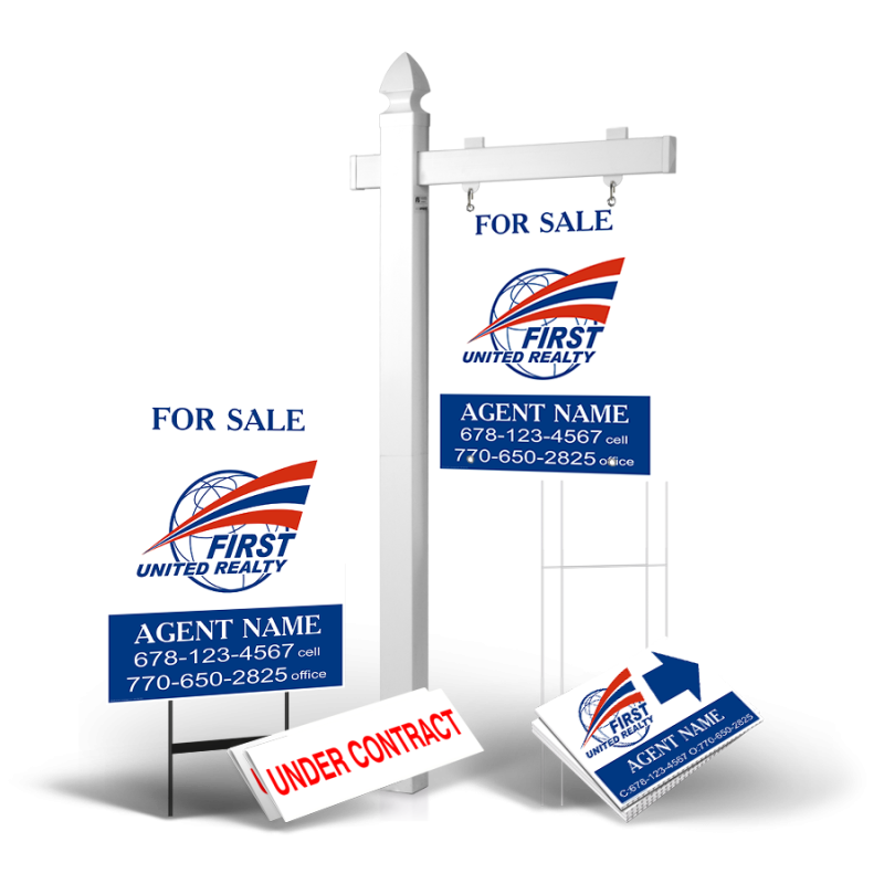 Grand Slam Package First United Realty: 6' Post, Two-Sided 24"x30" Panels, Directionals, Stakes, Clip-Ons