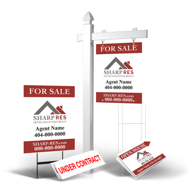 Grand Slam Package Sharp Real Estate Services: 6' Post, Two-Sided 24"x30" Panels, Directionals, Stakes, Clip-Ons
