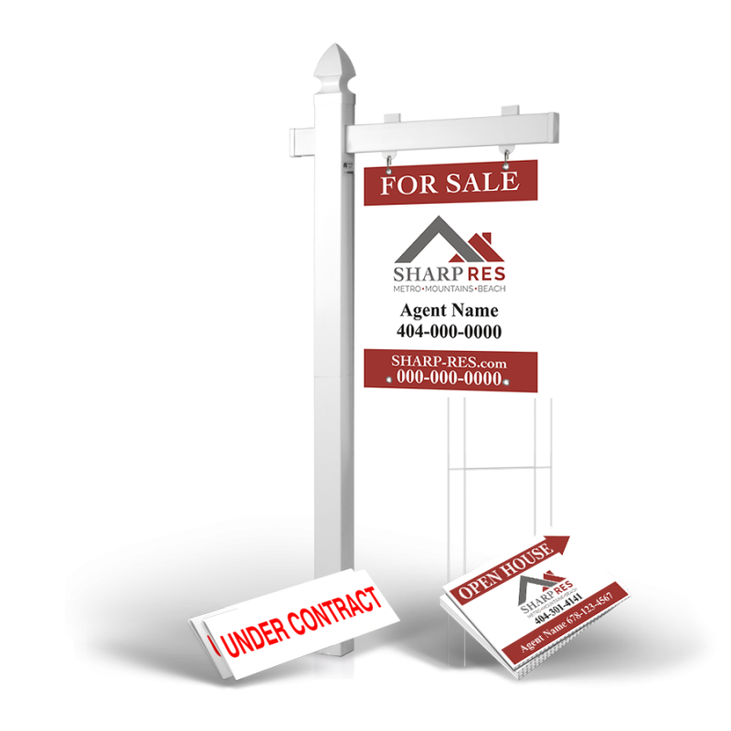 Homerun Pkg:6'Easy Arm Post,24"x30"Styrene Panel,4Coroplast Directionals,4Step Stake Stands for Sharp Real Estate Services