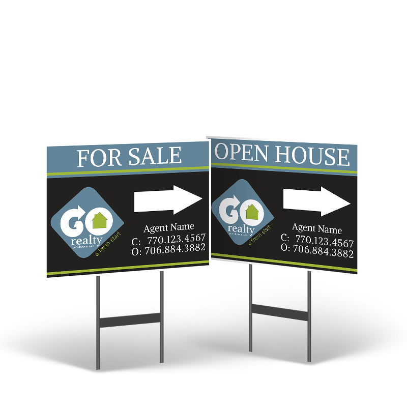 18"x14" Two-Sided Styrene/Reflective Yard Sign on Black Powder-Coated Stand, Go Realty