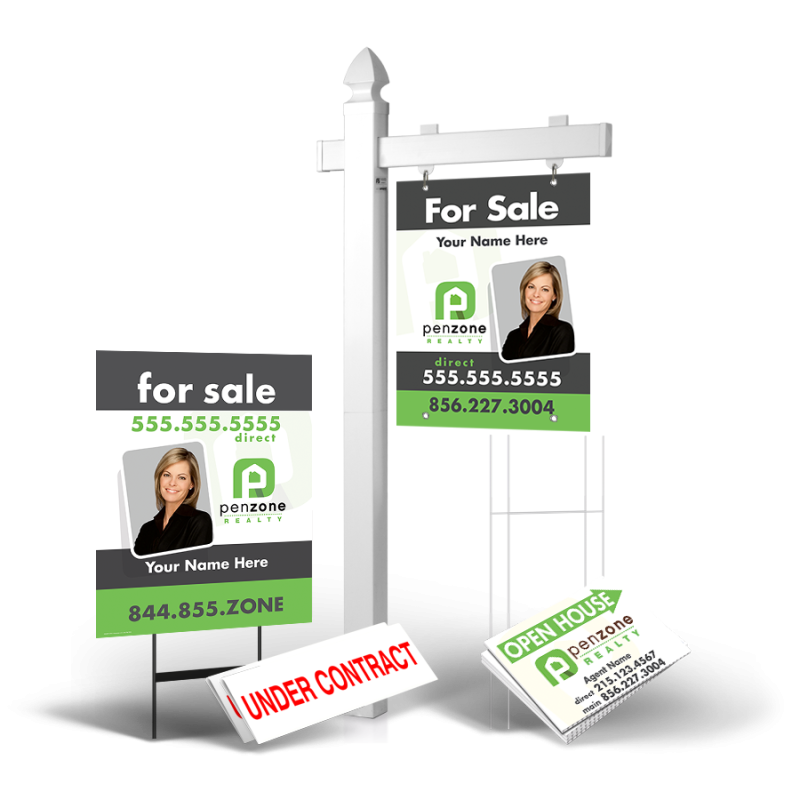 Grand Slam Package PenZone Realty: 6' Post, Two-Sided 24"x30" Panels, Directionals, Stakes, Clip-Ons