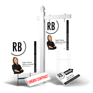 Grand Slam Package Red Barn Realty Group: 6' Post, Two-Sided 24"x30" Panels, Directionals, Stakes, Clip-Ons