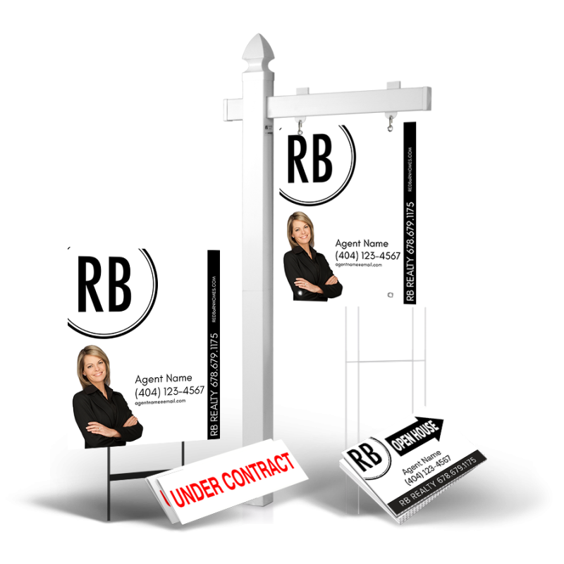 Grand Slam Package Red Barn Realty Group: 6' Post, Two-Sided 24"x30" Panels, Directionals, Stakes, Clip-Ons