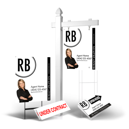 Grand Slam Package Red Barn Realty Group: 6' Post, Two-Sided 24"x30" Panels, Directionals, Stakes, Clip-Ons