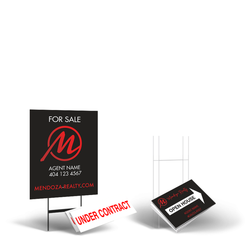Mendoza Realty Starter Package: 24x30 Yard Sign, Directionals, Stands, Clip-Ons Mendoza Realty Starter Package: 24x30 Yard Sign, Directionals, Stands, Clip-Ons