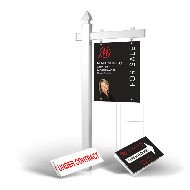 Homerun Pkg:6'Easy Arm Post,24"x30"Styrene Panel,4Coroplast Directionals,4Step Stake Stands for Mendoza Realty Homerun Pkg:6'Easy Arm Post,24"x30"Styrene Panel,4Coroplast Directionals,4Step Stake Stands for Mendoza Realty