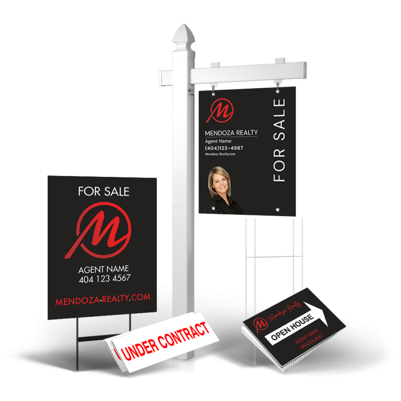 Grand Slam Package Mendoza Realty: 6' Post, Two-Sided 24"x30" Panels, Directionals, Stakes, Clip-Ons Grand Slam Package Mendoza Realty: 6' Post, Two-Sided 24"x30" Panels, Directionals, Stakes, Clip-Ons