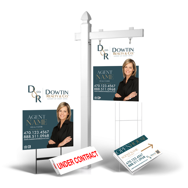 Grand Slam Package Dowtin Realty & Co : 6' Post, Two-Sided 24"x30" Panels, Directionals, Stakes, Clip-Ons Grand Slam Package Dowtin Realty & Co : 6' Post, Two-Sided 24"x30" Panels, Directionals, Stakes, Clip-Ons