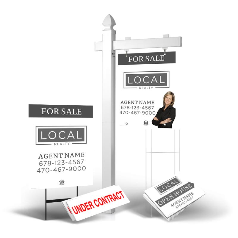 Grand Slam Package Local Realty: 6' Post, Two-Sided 24"x30" Panels, Directionals, Stakes, Clip-Ons