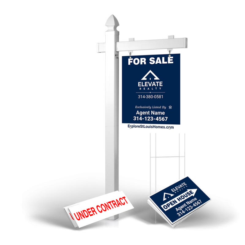 Homerun Pkg:6'Easy Arm Post,24"x30"Styrene Panel,4Coroplast Directionals,4Step Stake Stands for Elevate Realty