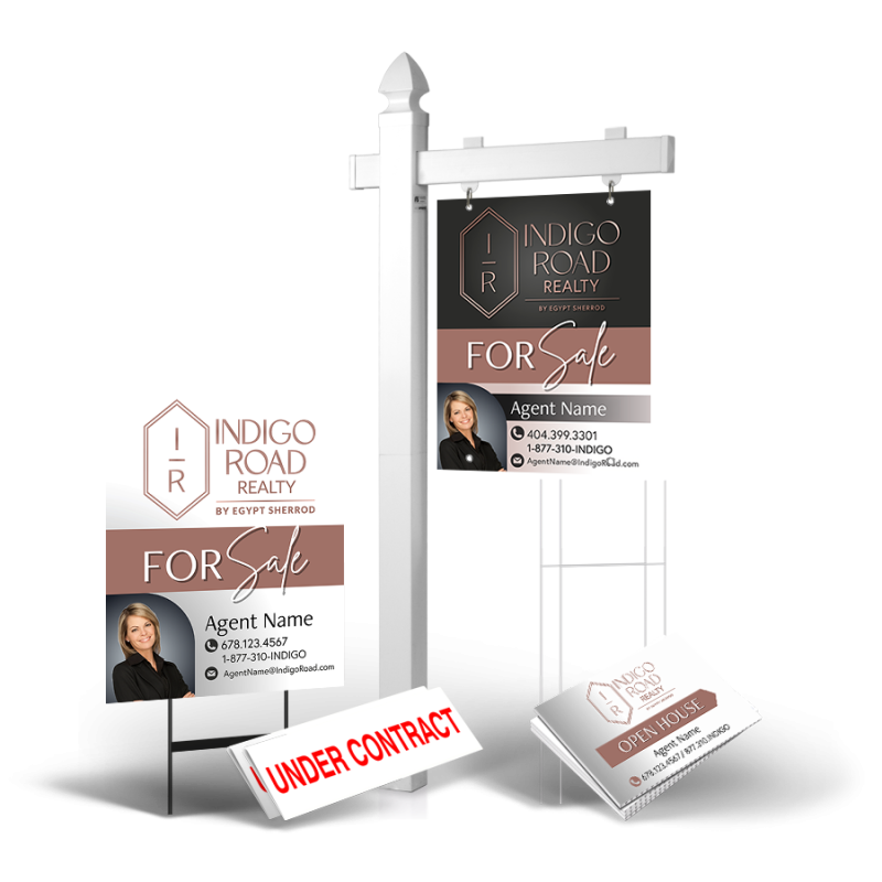 Grand Slam Package Indigo Road Realty: 6' Post, Two-Sided 24"x30" Panels, Directionals, Stakes, Clip-Ons