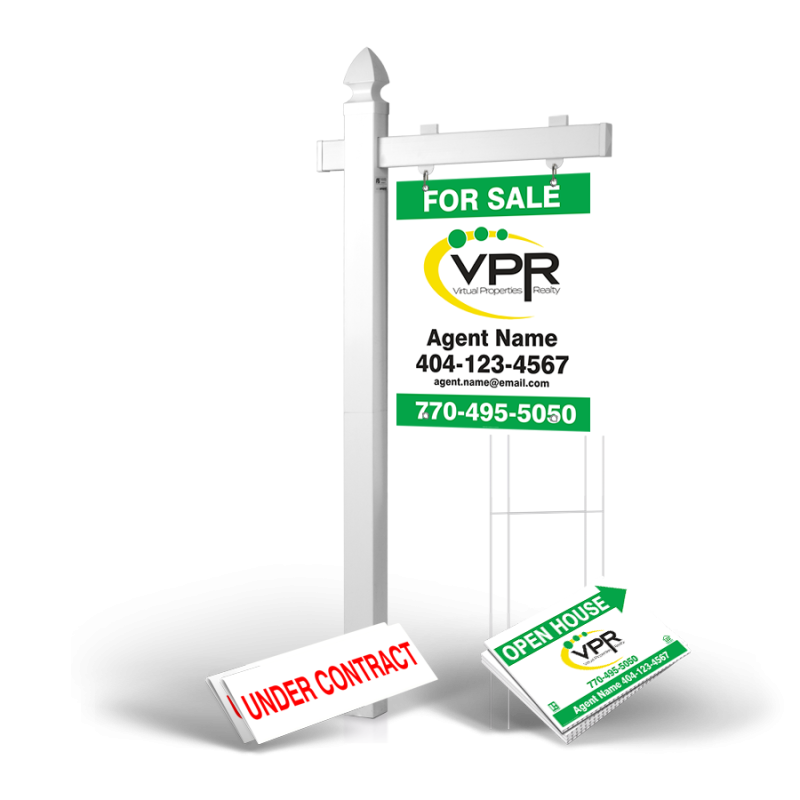 Homerun Pkg:6'Easy Arm Post,24"x30"Styrene Panel,4Coroplast Directionals,4Step Stake Stands for Virtual Properties Realty