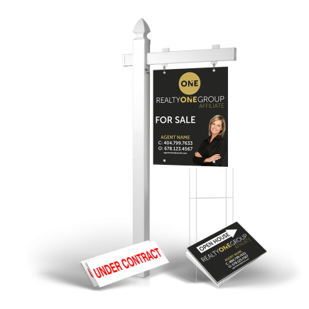 Homerun Pkg:6'Easy Arm Post,24"x30"Styrene Panel,4Coroplast Directionals,4Step Stake Stands for Realty ONE Affiliate