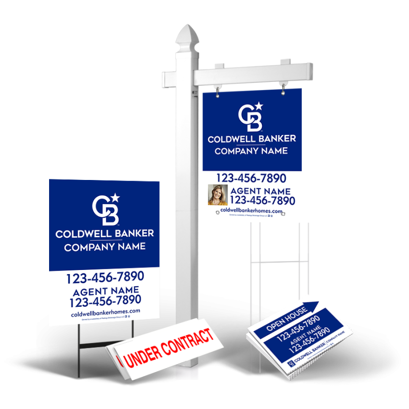 Grand Slam Package Coldwell Banker Affiliate: 6' Post, Two-Sided 24"x30" Panels, Directionals, Stakes, Clip-Ons