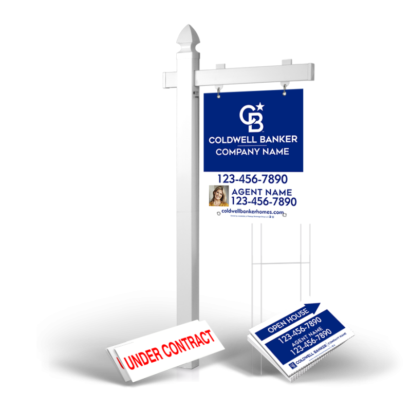 Homerun Pkg:6'Easy Arm Post,24"x30"Styrene Panel,4Coroplast Directionals,4Step Stake Stands for Coldwell Banker Affiliate