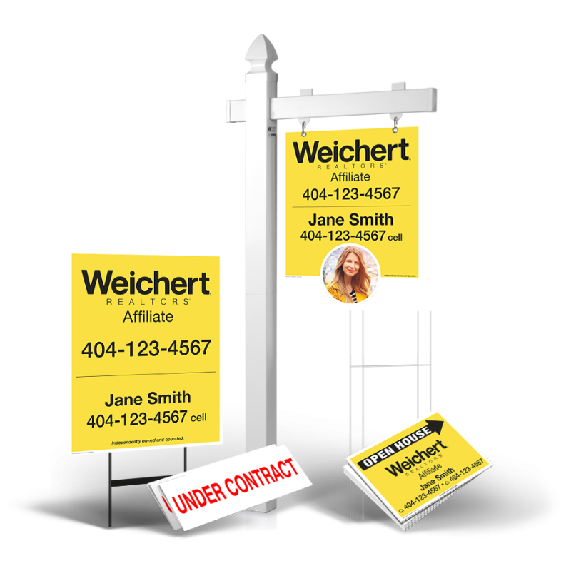 Grand Slam Package Weichert Affiliate: 6' Post, Two-Sided 24"x30" Panels, Directionals, Stakes, Clip-Ons