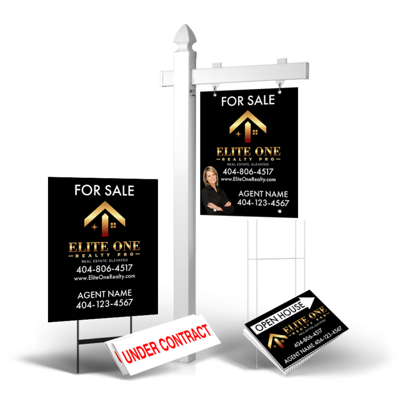 Grand Slam Package Elite One Realty Pro: 6' Post, Two-Sided 24"x30" Panels, Directionals, Stakes, Clip-Ons Grand Slam Package Elite One Realty Pro: 6' Post, Two-Sided 24"x30" Panels, Directionals, Stakes, Clip-Ons