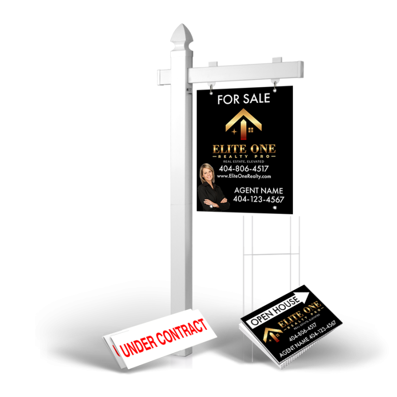 Homerun Pkg:6'Easy Arm Post,24"x30"Styrene Panel,4Coroplast Directionals,4Step Stake Stands for Elite One Realty Pro Homerun Pkg:6'Easy Arm Post,24"x30"Styrene Panel,4Coroplast Directionals,4Step Stake Stands for Elite One Realty Pro