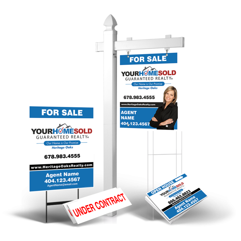 Grand Slam Package Heritage Oaks Realty: 6' Post, Two-Sided 24"x30" Panels, Directionals, Stakes, Clip-Ons