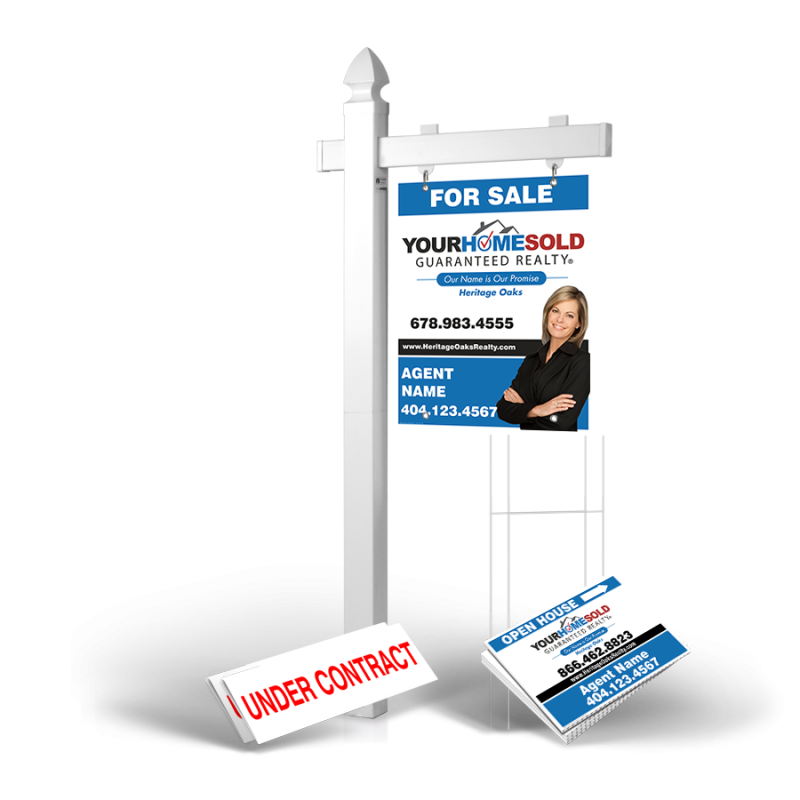 HomeRun Package Heritage Oaks Realty: 6' Post, 24"x30" Panel, Directionals, Stakes, Clip-Ons