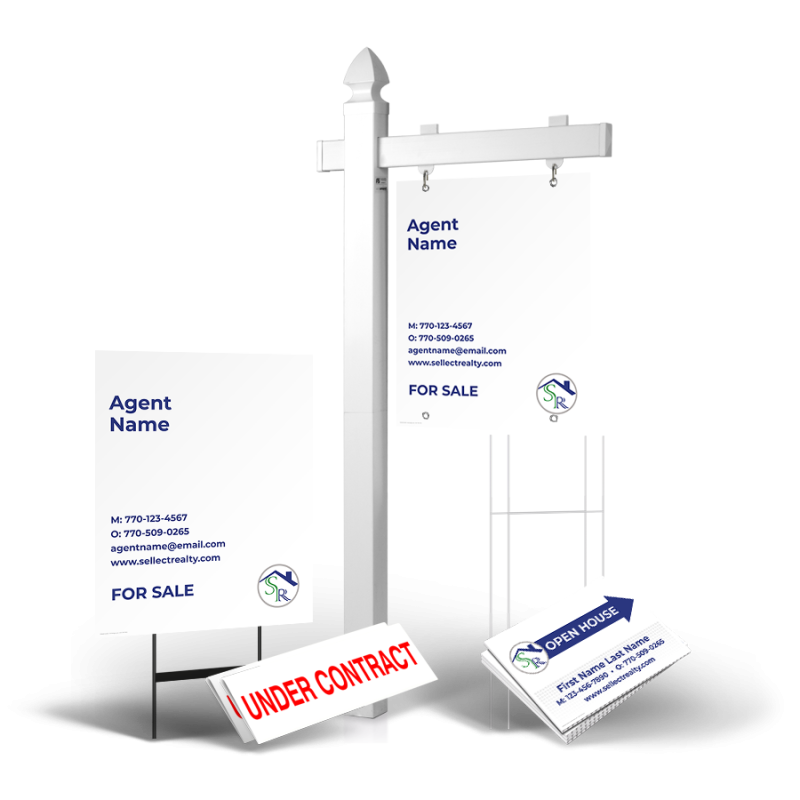 Grand Slam Package Sellect Realty: 6' Post, Two-Sided 24"x30" Panels, Directionals, Stakes, Clip-Ons