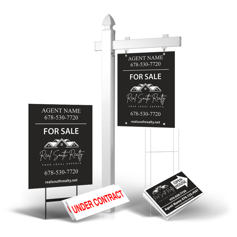 Grand Slam Package Real South Realty: 6' Post, Two-Sided 24"x30" Panels, Directionals, Stakes, Clip-Ons
