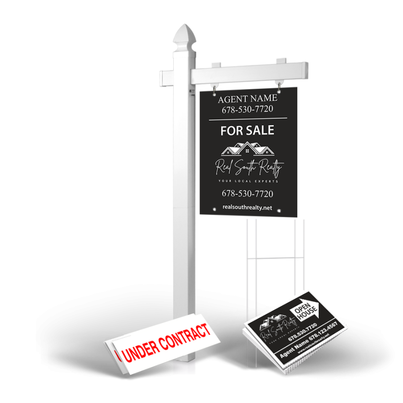 Homerun Pkg:6'Easy Arm Post,24"x30"Styrene Panel,4Coroplast Directionals,4Step Stake Stands for Real South Realty