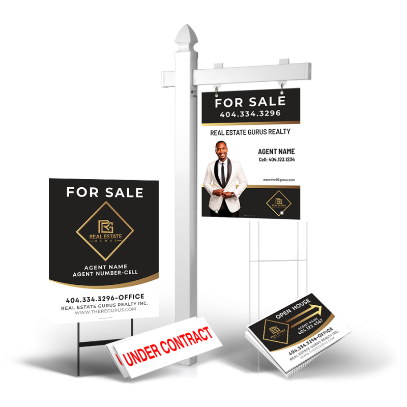 Grand Slam Package Real Estate Gurus Realty: 6' Post, Two-Sided 24"x30" Panels, Directionals, Stakes, Clip-Ons Grand Slam Package Real Estate Gurus Realty: 6' Post, Two-Sided 24"x30" Panels, Directionals, Stakes, Clip-Ons