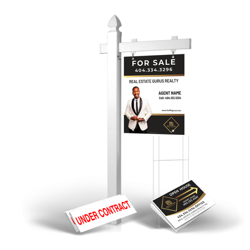 Homerun Pkg:6'Easy Arm Post,24"x30"Styrene Panel,4Coroplast Directionals,4Step Stake Stands for Real Estate Gurus Realty Homerun Pkg:6'Easy Arm Post,24"x30"Styrene Panel,4Coroplast Directionals,4Step Stake Stands for Real Estate Gurus Realty