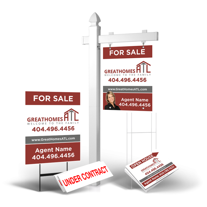 Grand Slam Package GreatHomesATL: 6' Post, Two-Sided 24"x30" Panels, Directionals, Stakes, Clip-Ons