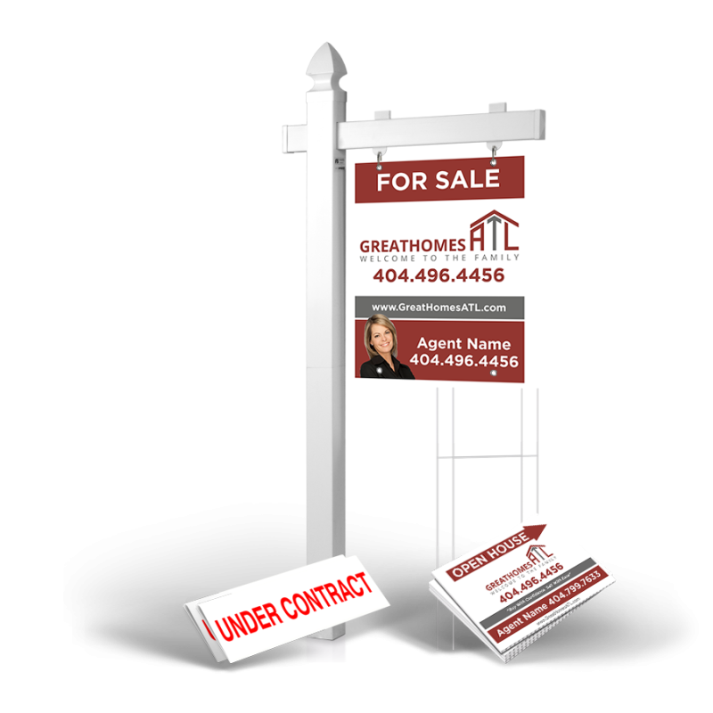 Homerun Pkg:6'Easy Arm Post,24"x30"Styrene Panel,4Coroplast Directionals,4Step Stake Stands for GreatHomesATL