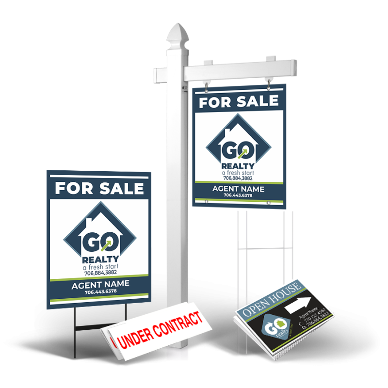 Grand Slam Package Go Realty: 6' Post, Two-Sided 24"x30" Panels, Directionals, Stakes, Clip-Ons