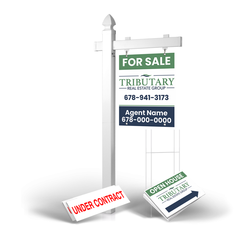 Homerun Pkg:6'Easy Arm Post,24"x30"Styrene Panel,4Coroplast Directionals,4Step Stake Stands for  Tributary Real Estate Group
