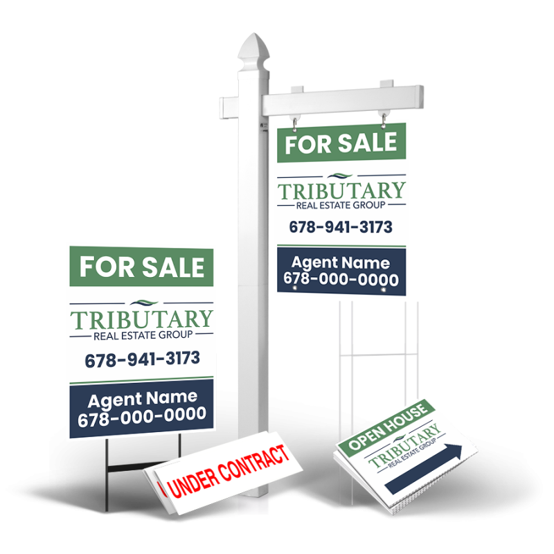 Grand Slam Package Tributary Real Estate Group: 6' Post, Two-Sided 24"x30" Panels, Directionals, Stakes, Clip-Ons